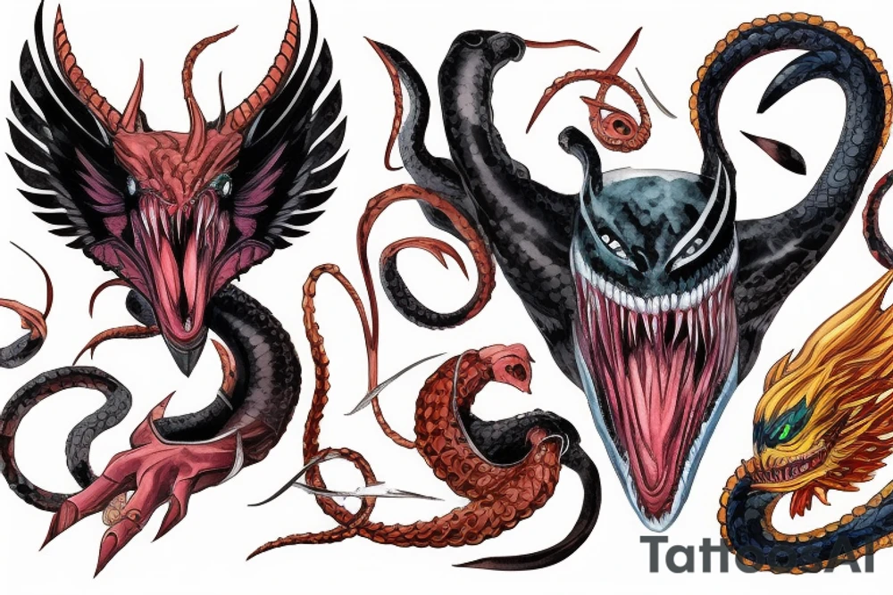 Ouroboros with eyes of the Marvel character Venom and a Phoenix in the middle tattoo idea