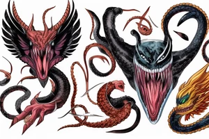 Ouroboros with eyes of the Marvel character Venom and a Phoenix in the middle tattoo idea