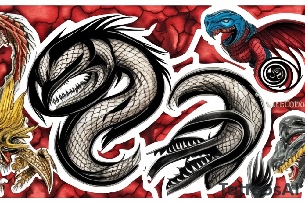 Ouroboros with eyes of the Marvel character Venom and a Phoenix in the middle tattoo idea