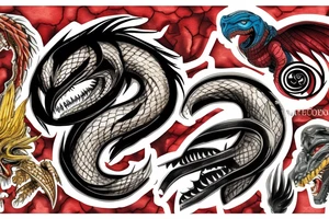 Ouroboros with eyes of the Marvel character Venom and a Phoenix in the middle tattoo idea