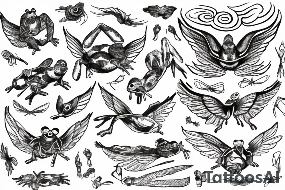 A lineart frog with wings tattoo idea