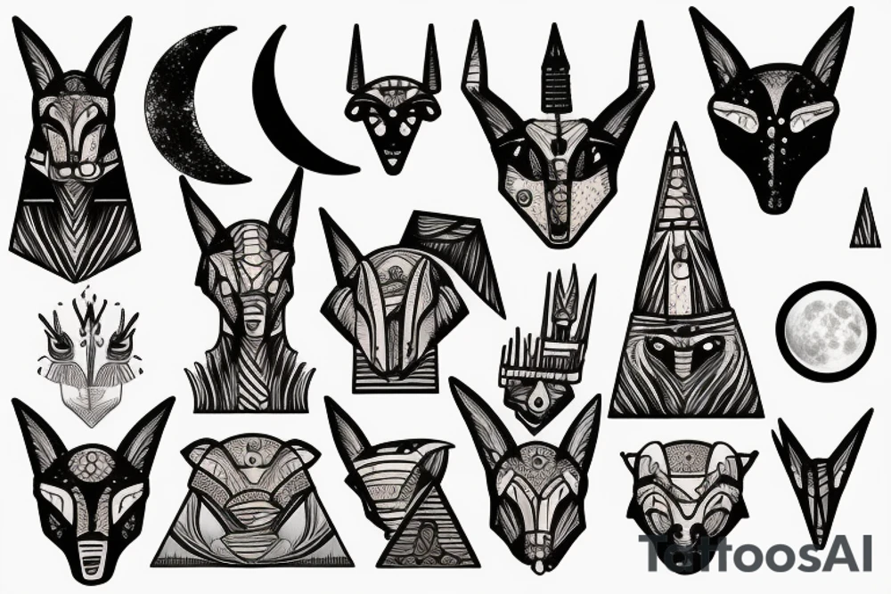anubis in desert background pyramids and moon tattoo idea