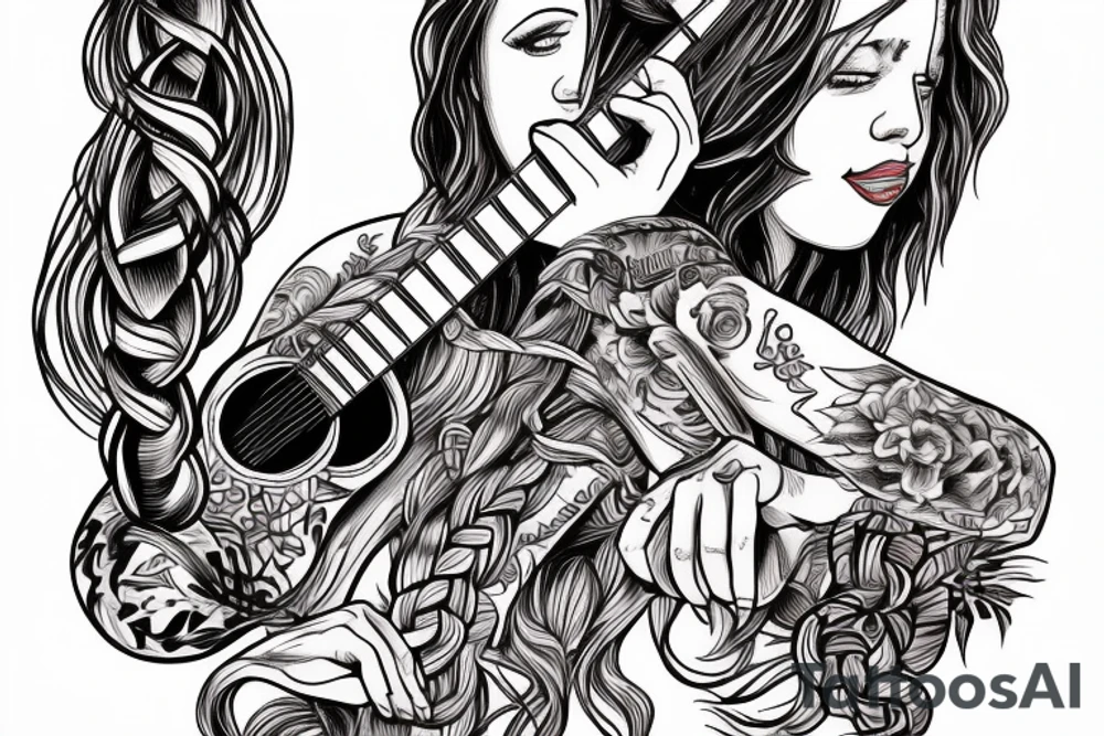 Red Truck with a guy in the bed with braided hair playing guitar tattoo idea