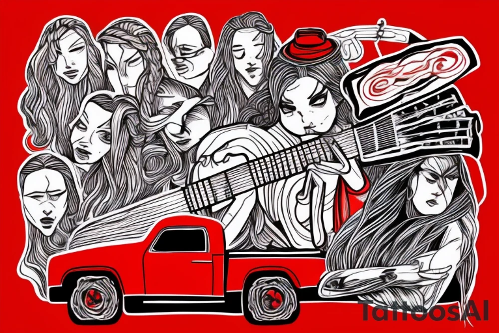 Red Truck with a guy in the bed with braided hair playing guitar tattoo idea