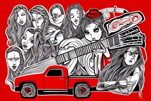 Red Truck with a guy in the bed with braided hair playing guitar tattoo idea