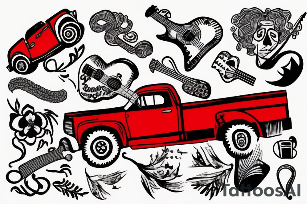 Red Truck with a man in the bed with braided hair playing guitar tattoo idea