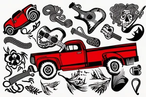 Red Truck with a man in the bed with braided hair playing guitar tattoo idea