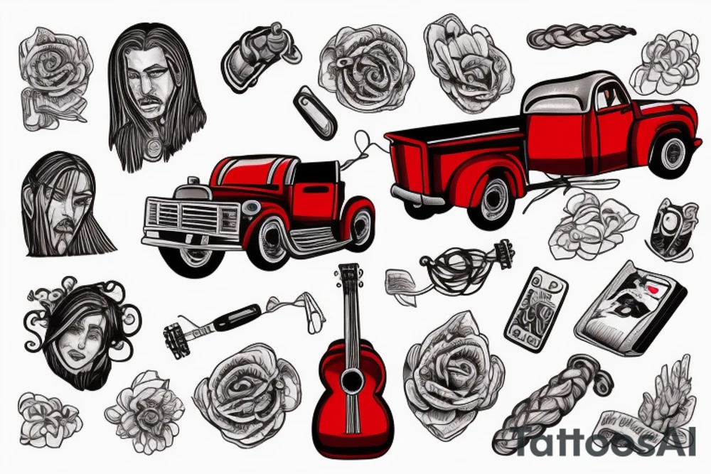 Red Truck with a man in the bed with braided hair playing guitar tattoo idea
