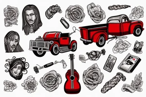 Red Truck with a man in the bed with braided hair playing guitar tattoo idea