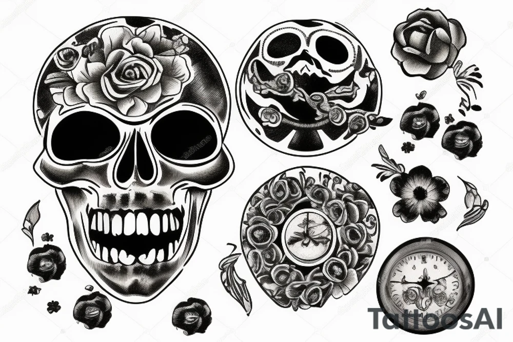 Memento mori tattoo for forearm with planets, buttercup flowers and roman numerals 21/09/1991 tattoo idea