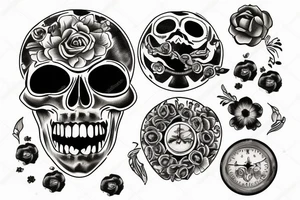 Memento mori tattoo for forearm with planets, buttercup flowers and roman numerals 21/09/1991 tattoo idea