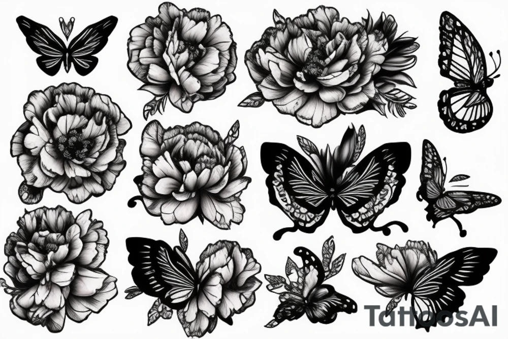 Motorcycle with peony, butterflies, semi colon, and crown tattoo idea