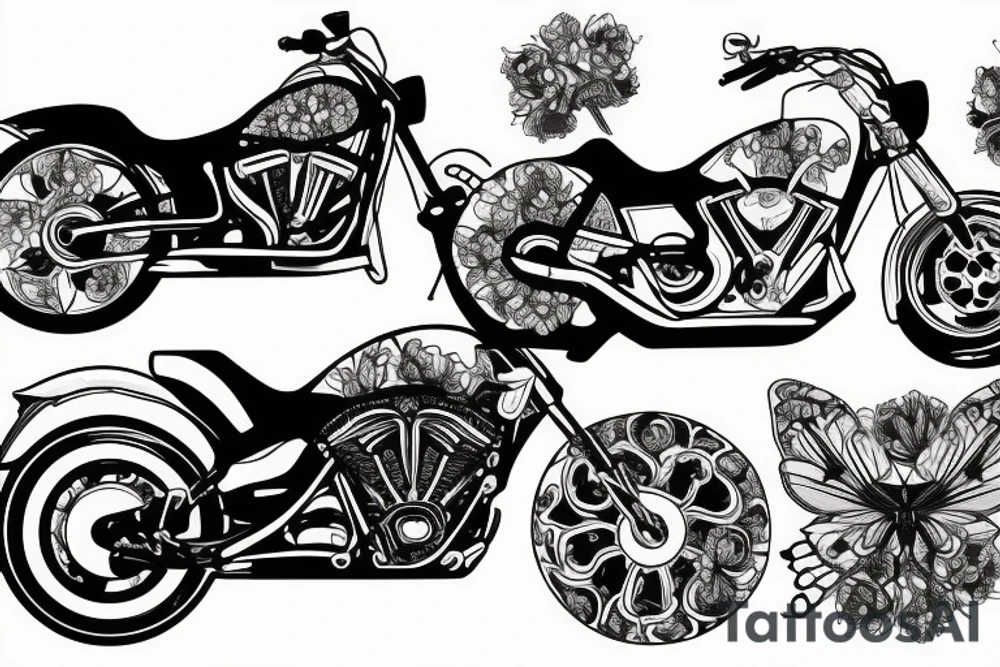 Motorcycle with peony, butterflies, semi colon, and crown tattoo idea
