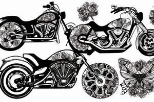 Motorcycle with peony, butterflies, semi colon, and crown tattoo idea