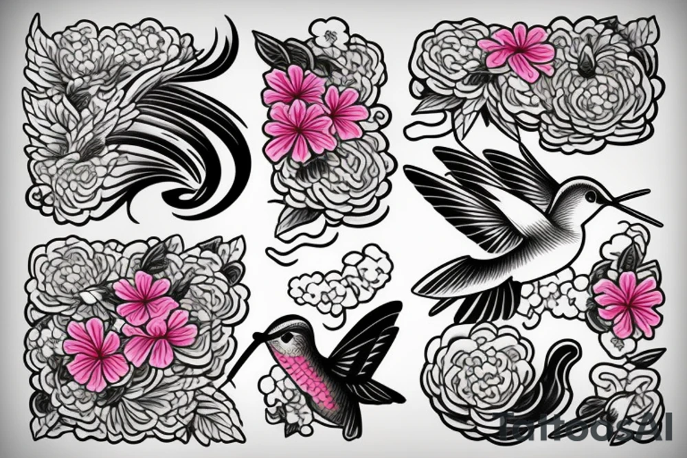 Japanese wave with hummingbird and a hop flower tattoo idea