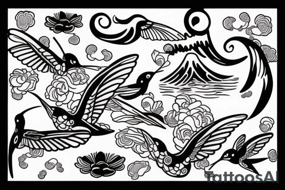 Japanese wave with hummingbird tattoo idea