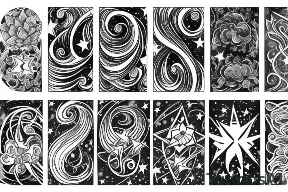 Rainbow combined with stars and celestial elements and bluebirds tattoo idea