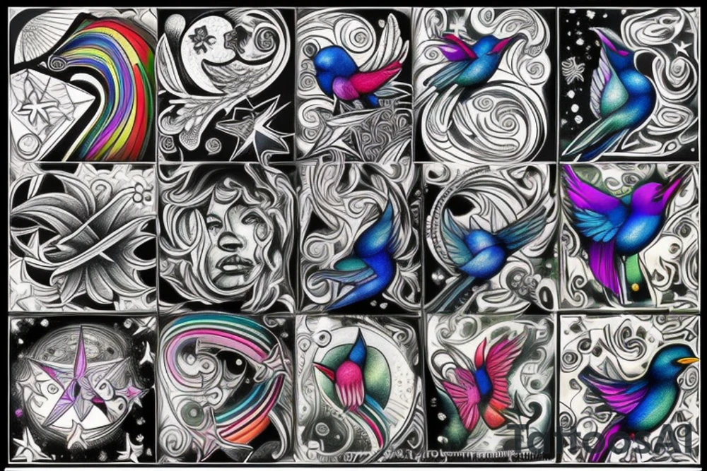 Rainbow combined with stars and celestial elements and bluebirds tattoo idea