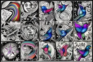 Rainbow combined with stars and celestial elements and bluebirds tattoo idea