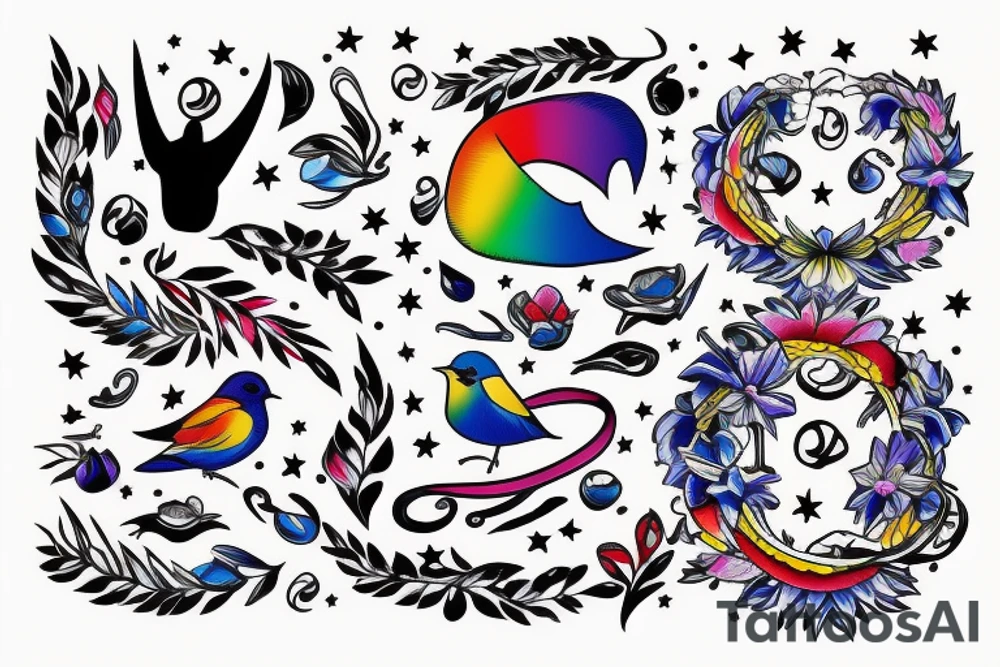 Rainbow combined with stars and celestial elements and bluebirds tattoo idea