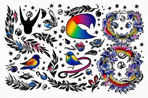 Rainbow combined with stars and celestial elements and bluebirds tattoo idea