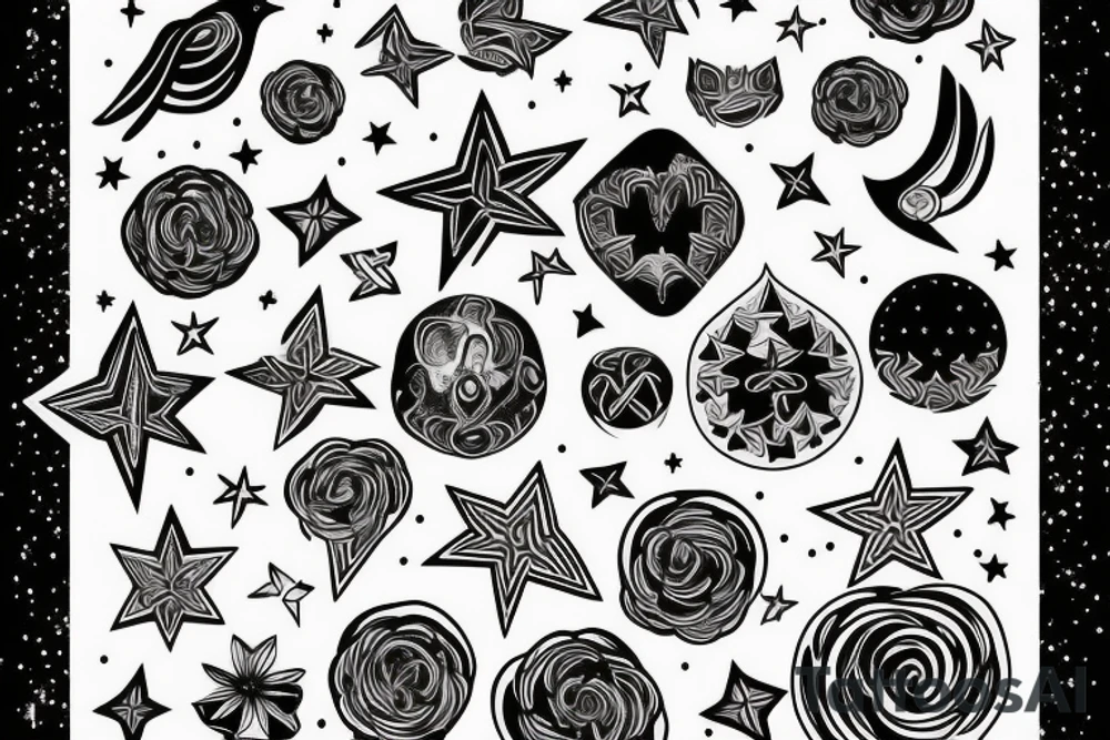 Rainbow combined with stars and celestial elements and bluebirds tattoo idea