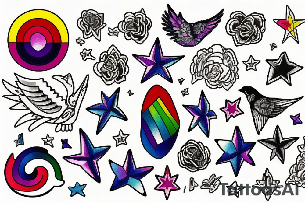 Rainbow combined with stars and celestial elements and bluebirds tattoo idea