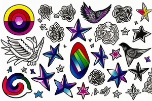 Rainbow combined with stars and celestial elements and bluebirds tattoo idea