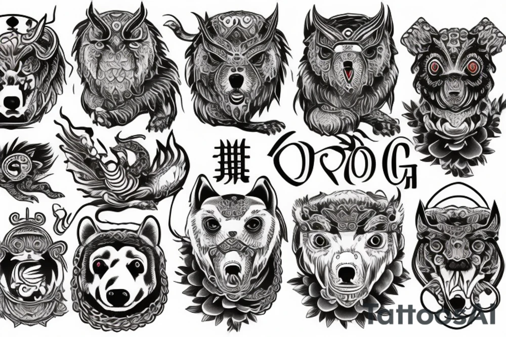 Dog, bear, dragon, religion, owl tattoo idea