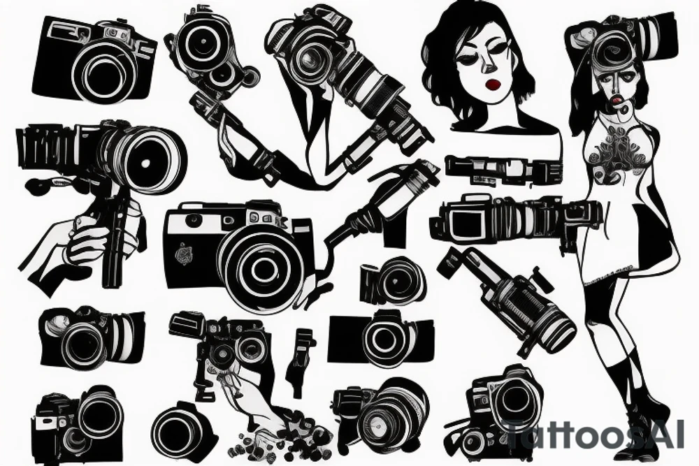A woman holding a camera like a gun tattoo idea