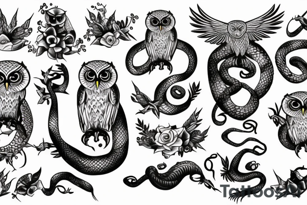 Snake fighting owl tattoo idea