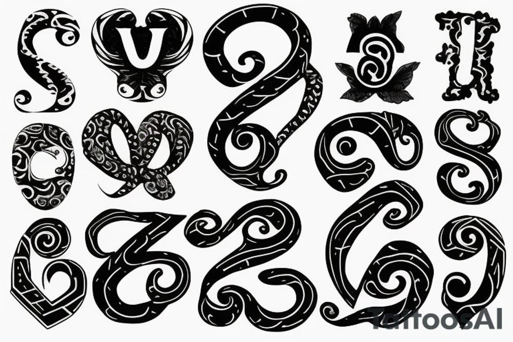 The letters F J N Z intertwined in black tattoo idea