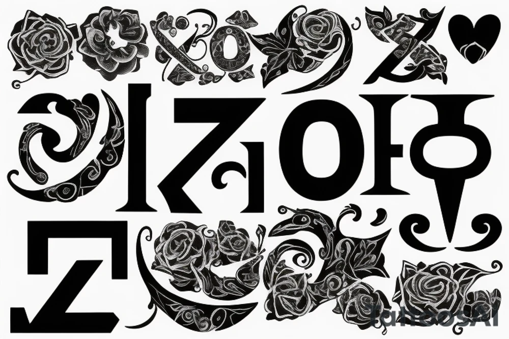 The letters F J N Z intertwined in black tattoo idea