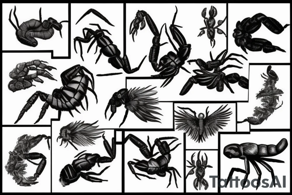 bird, scorpion, forest tattoo idea