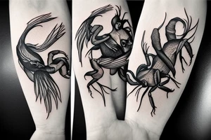 bird, scorpion, forest tattoo idea