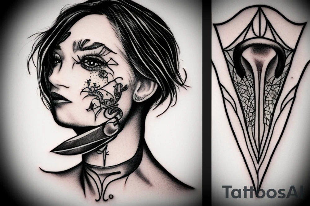 woman with knife on throat tattoo idea