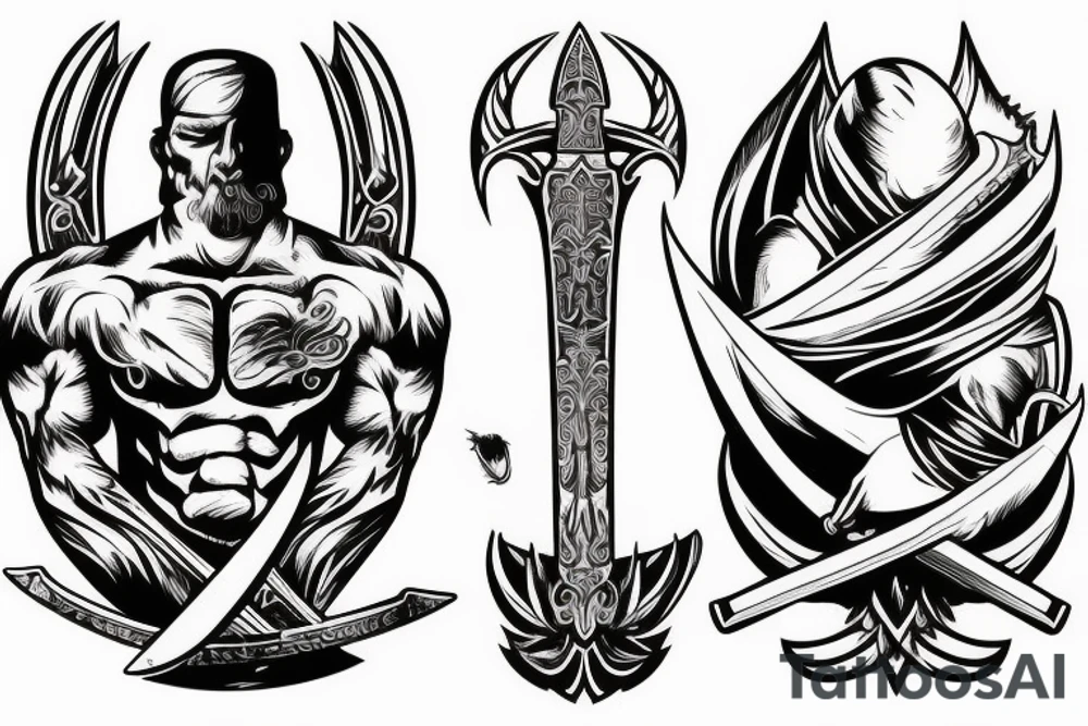 guy surfing on a huge sword tattoo idea