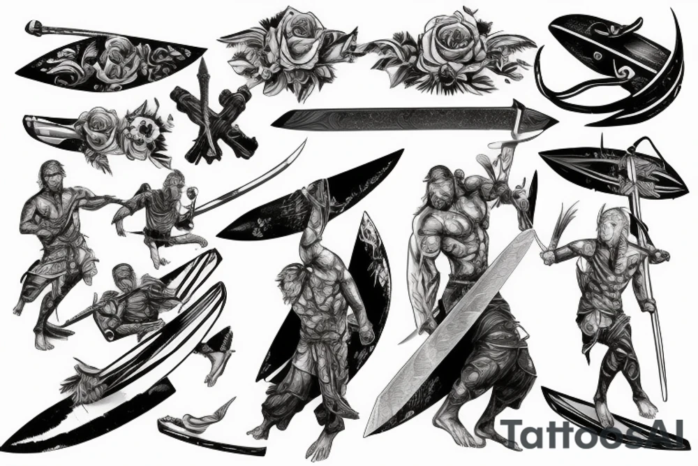 guy surfing on a huge sword tattoo idea