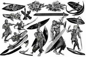 guy surfing on a huge sword tattoo idea
