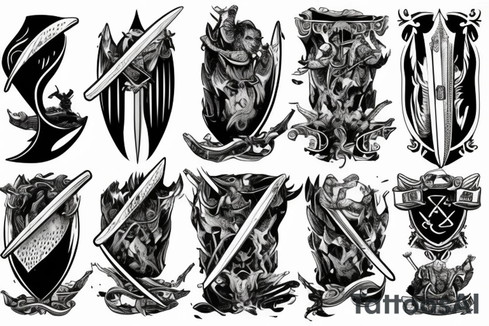 guy surfing on a huge sword tattoo idea