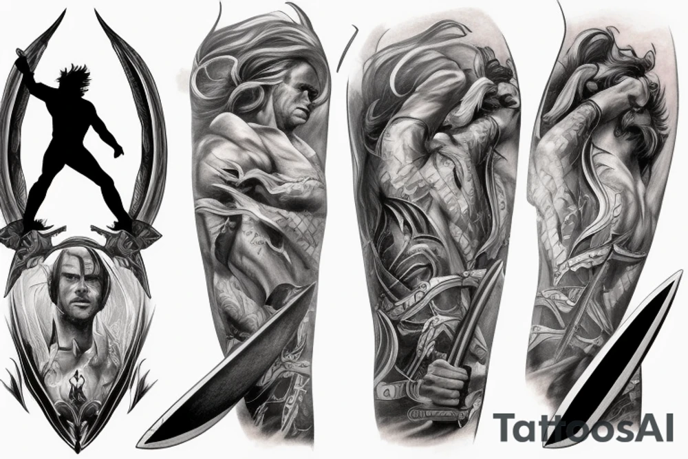 guy surfing on a huge sword tattoo idea