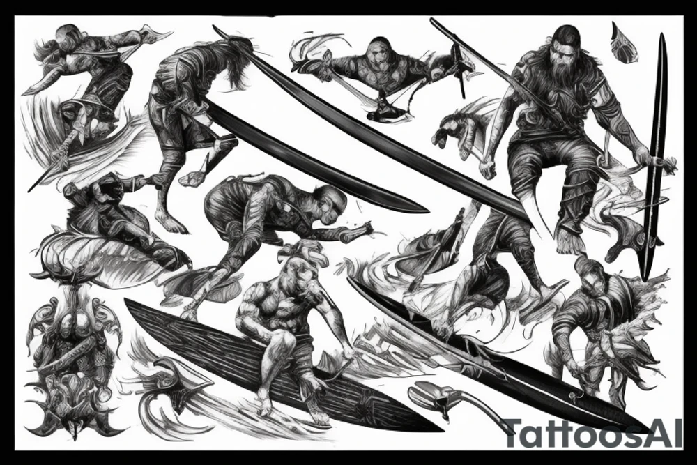 guy surfing on a huge sword tattoo idea