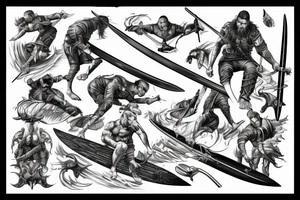 guy surfing on a huge sword tattoo idea