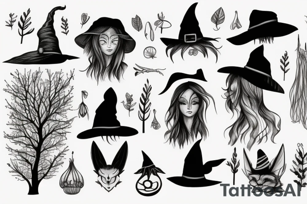 witch, forest, tree hat tattoo idea