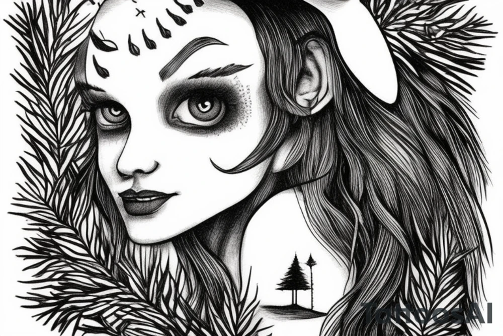 witch with pine tree as hat tattoo idea