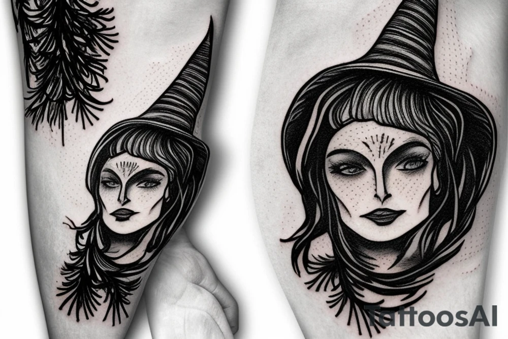 witch with pine tree as hat tattoo idea