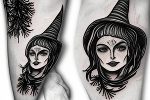 witch with pine tree as hat tattoo idea
