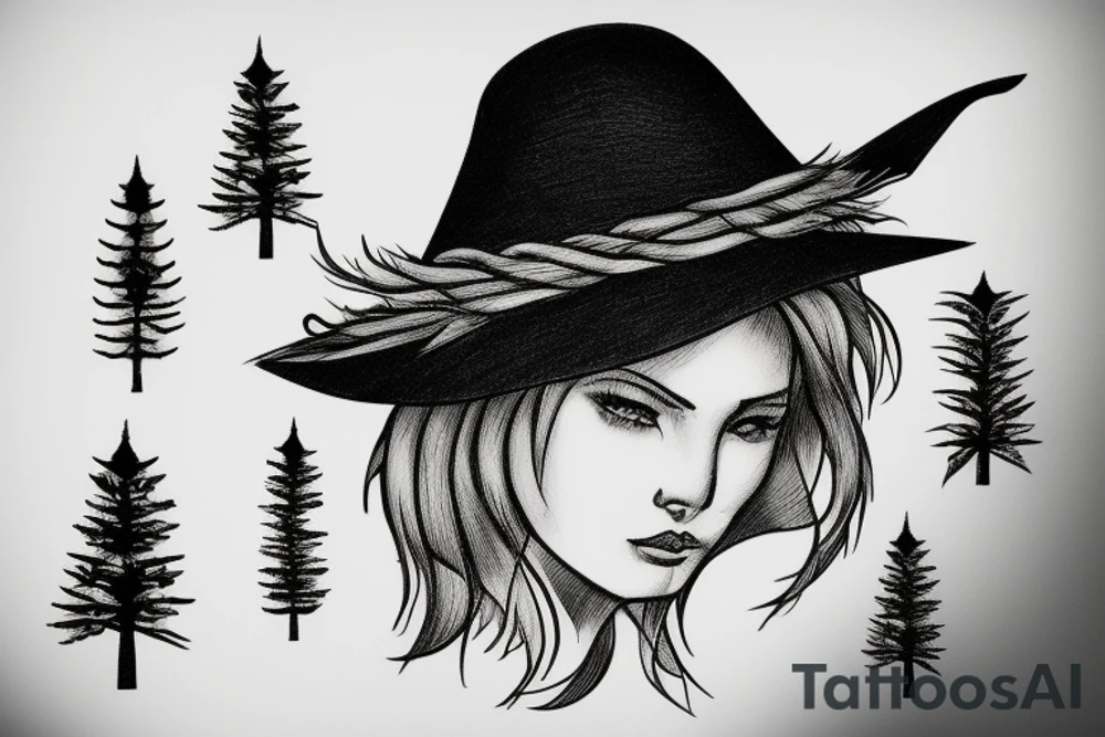 witch with pine tree as hat tattoo idea