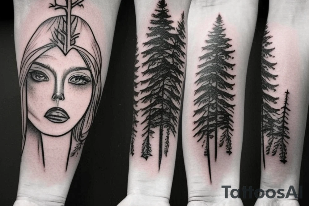 witch with pine tree as hat tattoo idea
