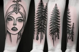 witch with pine tree as hat tattoo idea